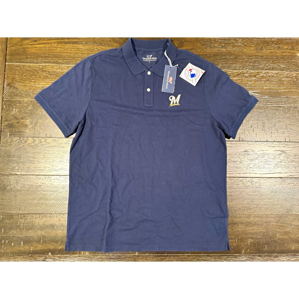 Vineyard Vines Mens L Blue Slim Stretch Pique Polo Shirt Brewers MLB